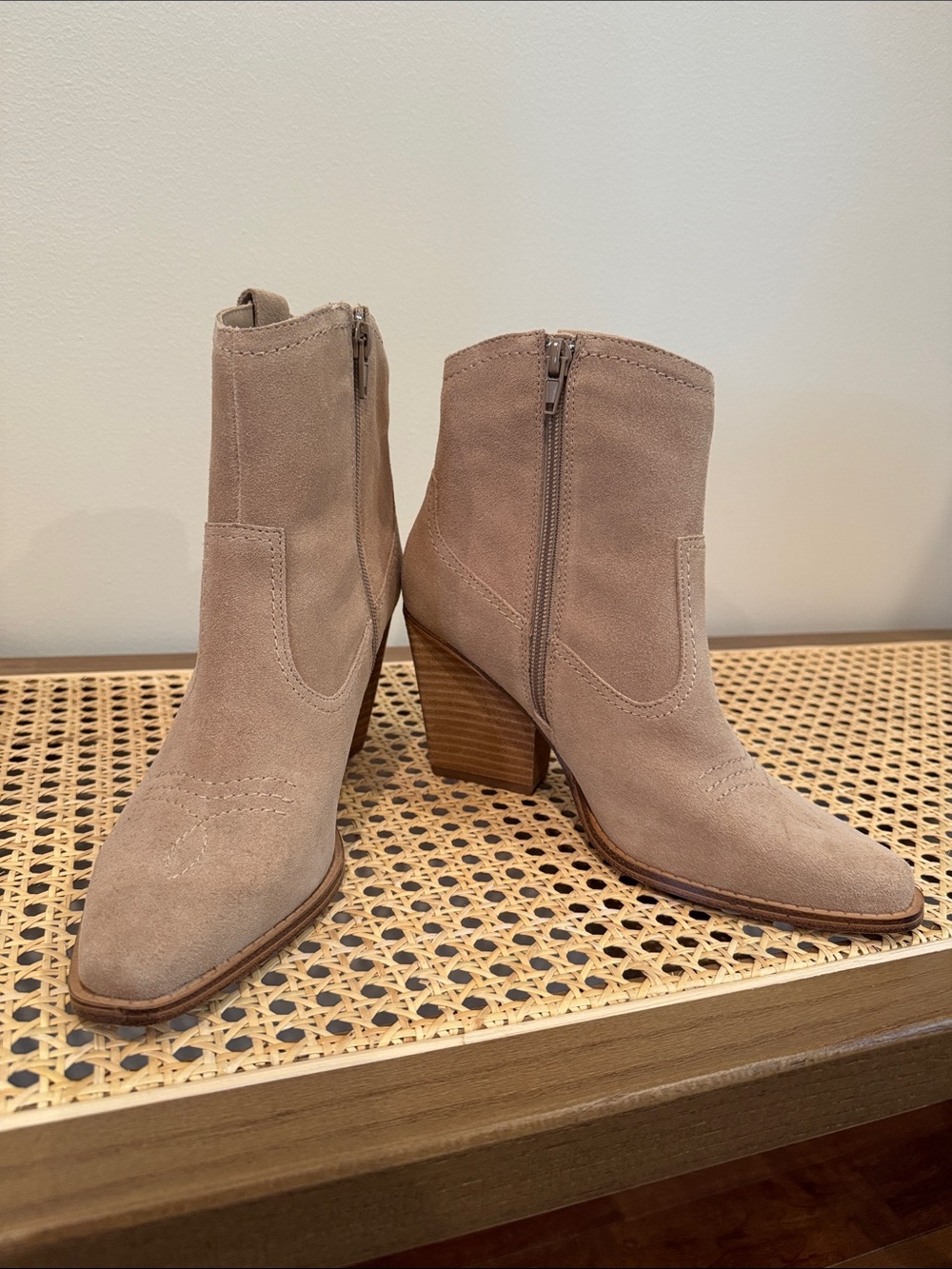 Suede Ankle Booties in Taupe - Women's Side-Zip Heels NWOT
